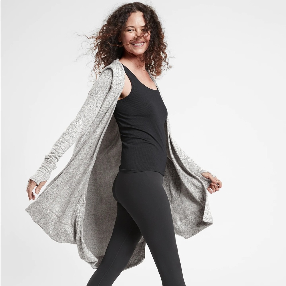 Athleta Light Gray Open-Front Hooded Cardigan